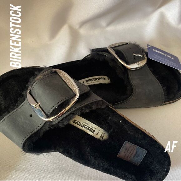 BIRKENSTOCK MADRID SHEARLING BIG BUCKLE SANDALS BLACK NEW NWT - Picture 3 of 12